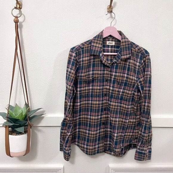 Pact Fireside Long Sleeve Button Front Flannel Navy Yellow Plaid Size M - Picture 1 of 5